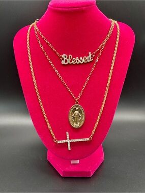 Joyce Leslie Gold-Tone Layered 'Blessed' Necklace Set with Cross and Medal